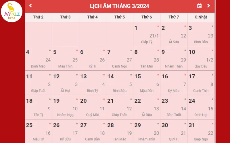 Chi tiết lịch âm dương tháng 3 năm 2024 