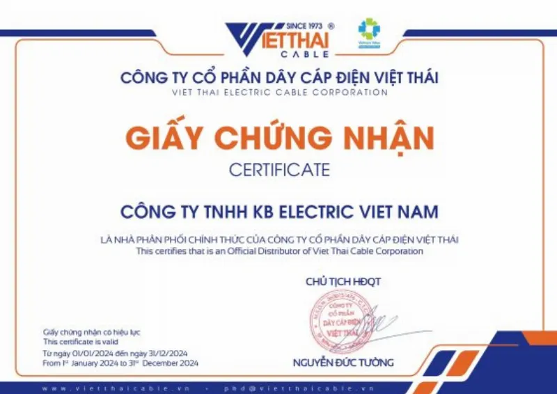 Chứng nhận đại lý cáp điện Việt Thái