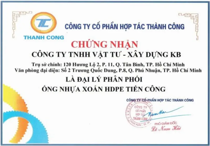 Chứng nhận đại lý ống nhựa xoắn Tiến Công - KBElectric