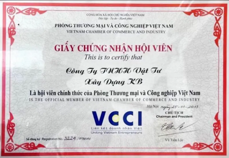 Chứng nhận hội viên Phòng Thương Mại và Công Nghiệp Việt Nam