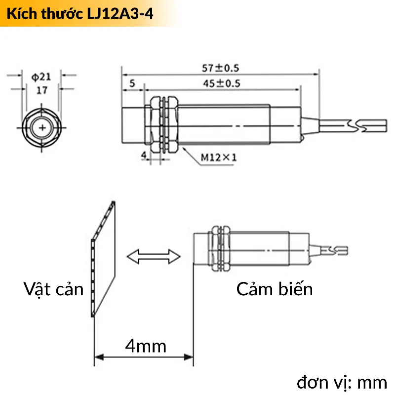 Kích thước cảm biến LJ12A3-4-J/EZ NO 4mm