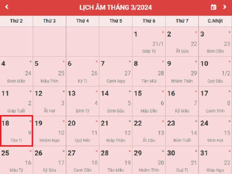 Lịch âm 18/3 - Âm lịch hôm nay 18/3 - Lịch vạn niên ngày 18/3/2024- Ảnh 1.