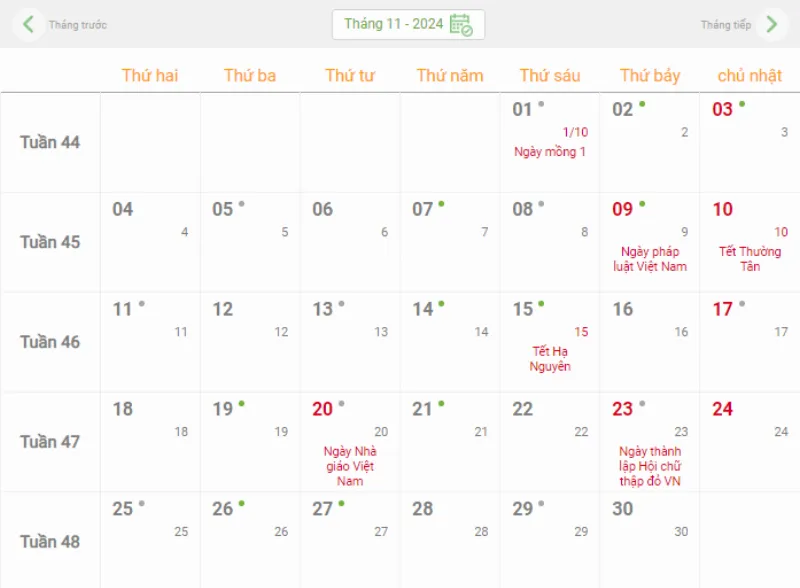 Lịch dương tháng 10 năm 2024