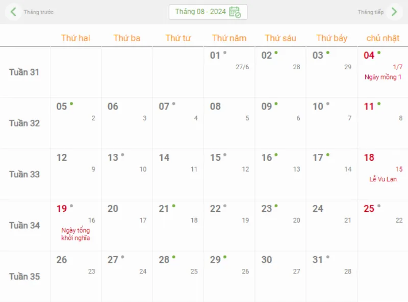 Lịch dương tháng 7 năm 2024