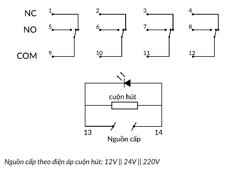 Sơ đồ chân Relay trung gian HH64P 12V 24V 220V