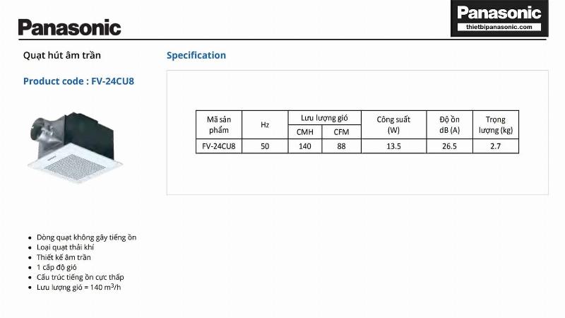 Thông số kỹ thuật chi tiết của Quạt hút âm trần Panasonic FV-24CU8 10.5W 24x24cm có ống dẫn