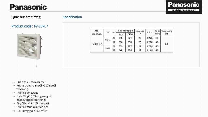 Thông số kỹ thuật của Quạt hút gắn tường 2 chiều Panasonic FV-20RL7 20W 25x25cm có màn che