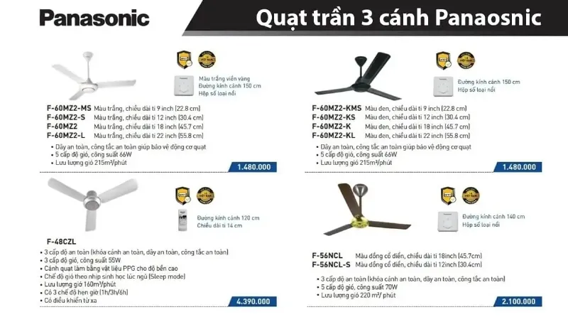 Bảng giá quạt trần Panasonic 3 cánh