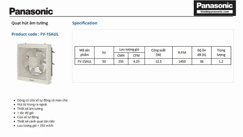 Thông số kỹ thuật của Quạt hút gắn tường 1 chiều Panasonic FV-15AUL 20x20cm 12.5W có màn che