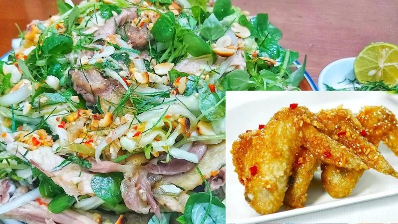 Gỏi gà rau càng cua và cánh gà chiên nước mắm