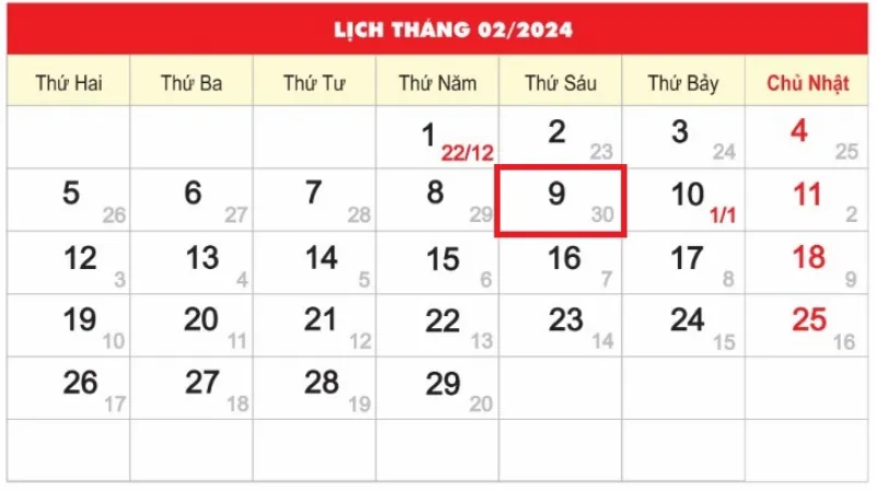 Lịch tháng 2 năm 2024